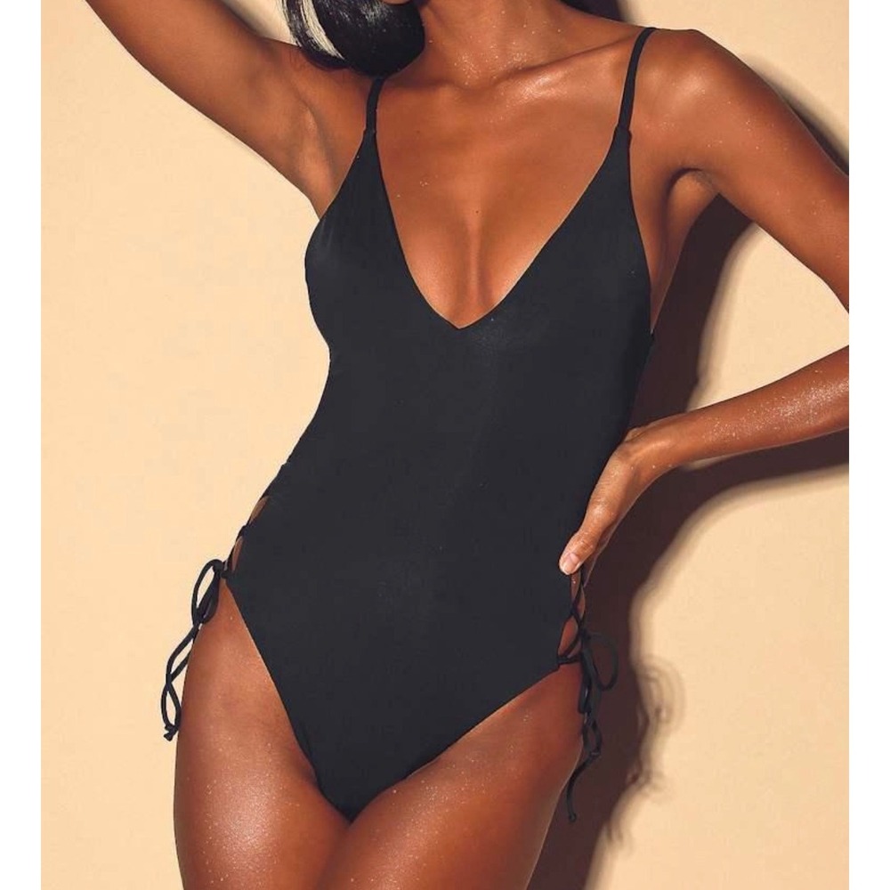 Shade & Shore Black Lace-Up One-Piece Swimsuit